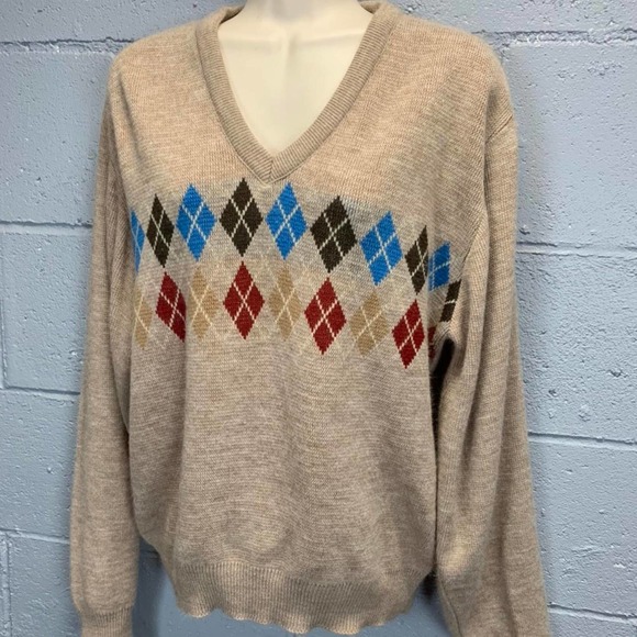 Vintage 1980s Tan Argyle V-neck Sweater Charlie Brown Sweater Medium - Picture 1 of 4